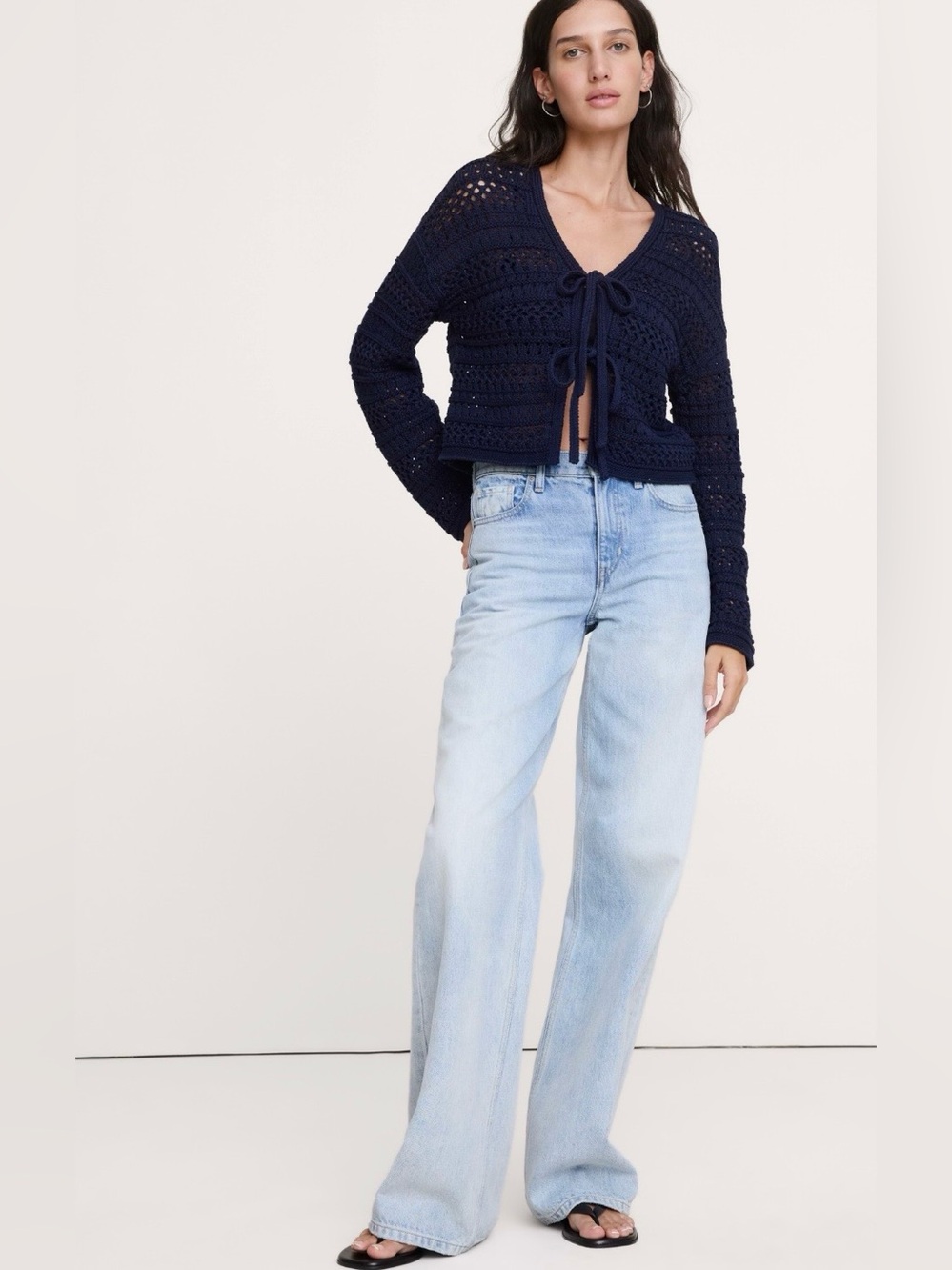 NWT-Banana Republic Navy Coastal Cotton Crochet Tie Front Cardigan, Large